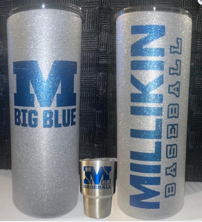 Millikin 20oz glitter tumbler and 3oz shot glass set