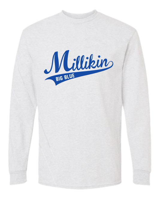 Millikin Long Sleeve Script 50/50 t-shirt
